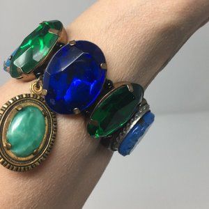 Green and Blue Acrylic Faceted Gemstone Stretch Cuff Bracelet